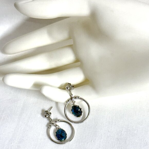 Vintage Silver-Tone Dangle Earrings with Blue Glass Cabochon Drop - Picture 2 of 8